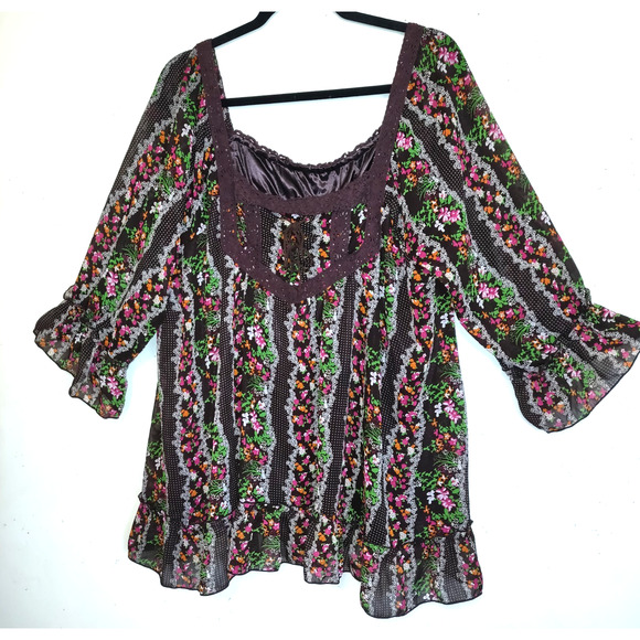 Crazy Angel Peasant Top 2X 3X Cottage Core Floral Sheer Lined BOHO Festival VTG - Picture 1 of 16